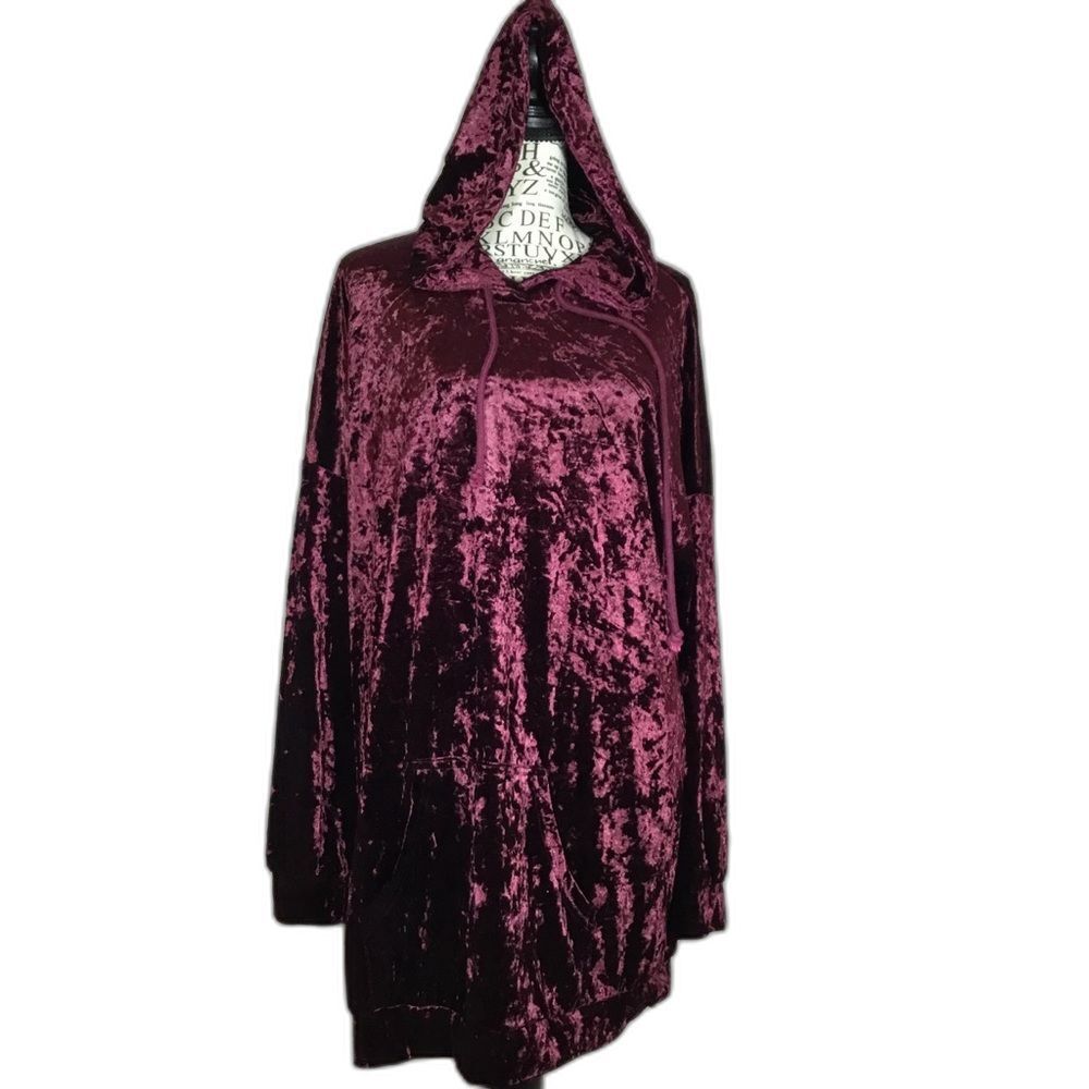 Wine color velvet long drawstring hooded sweater with large front pocket sz L